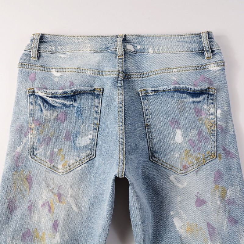 Light Blue Paint Splatter Distressed Jeans