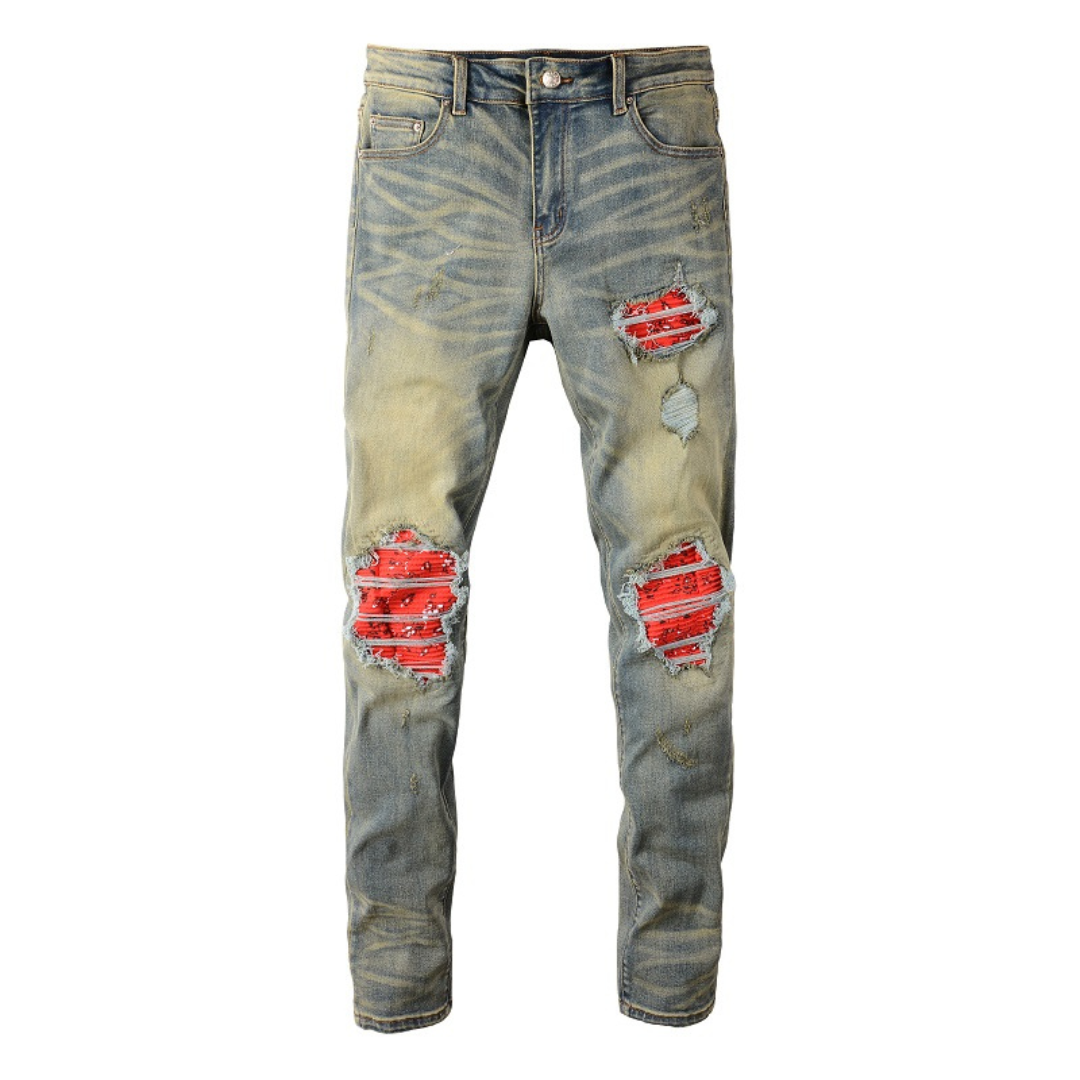 Vintage Blue Red Patch Distressed Jeans
