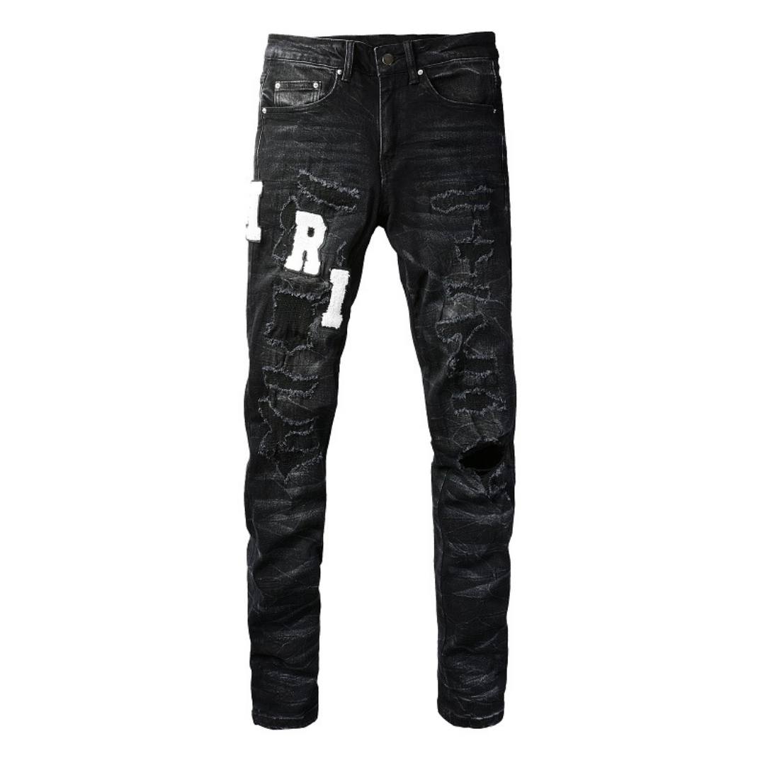 Black Logo Patch Distressed Jeans
