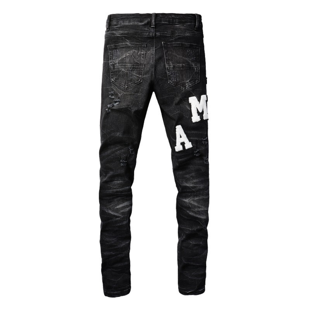 Black Logo Patch Distressed Jeans