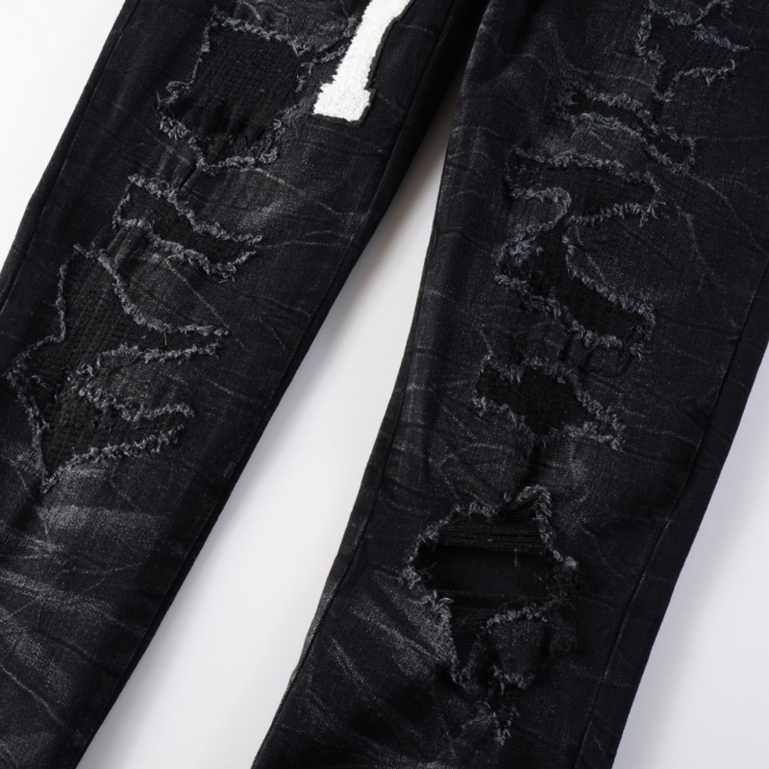 Black Logo Patch Distressed Jeans