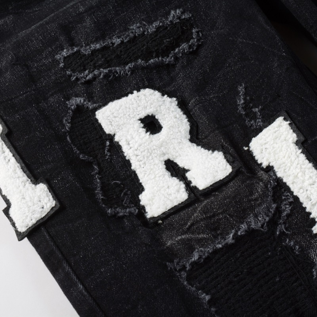 Black Logo Patch Distressed Jeans
