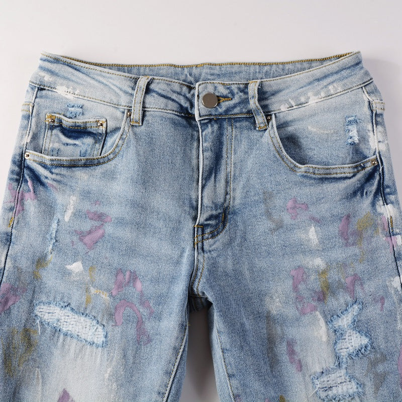 Light Blue Paint Splatter Distressed Jeans