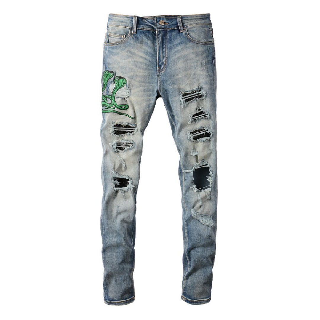 Snake Graphic Light Wash Jeans