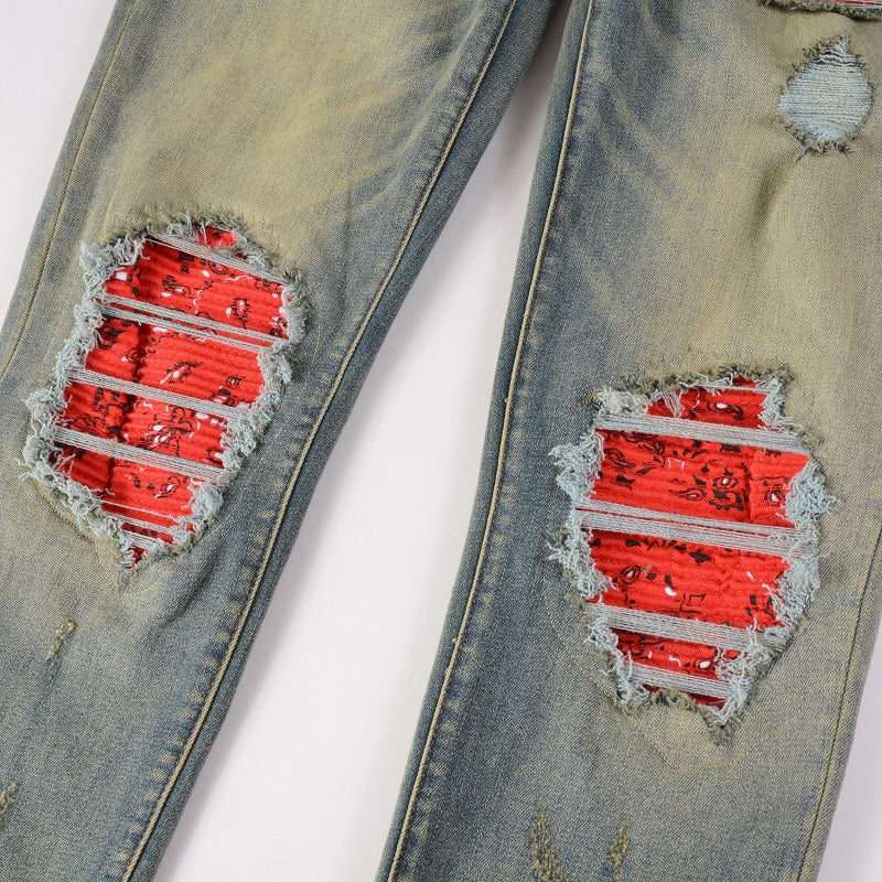 Vintage Blue Red Patch Distressed Jeans