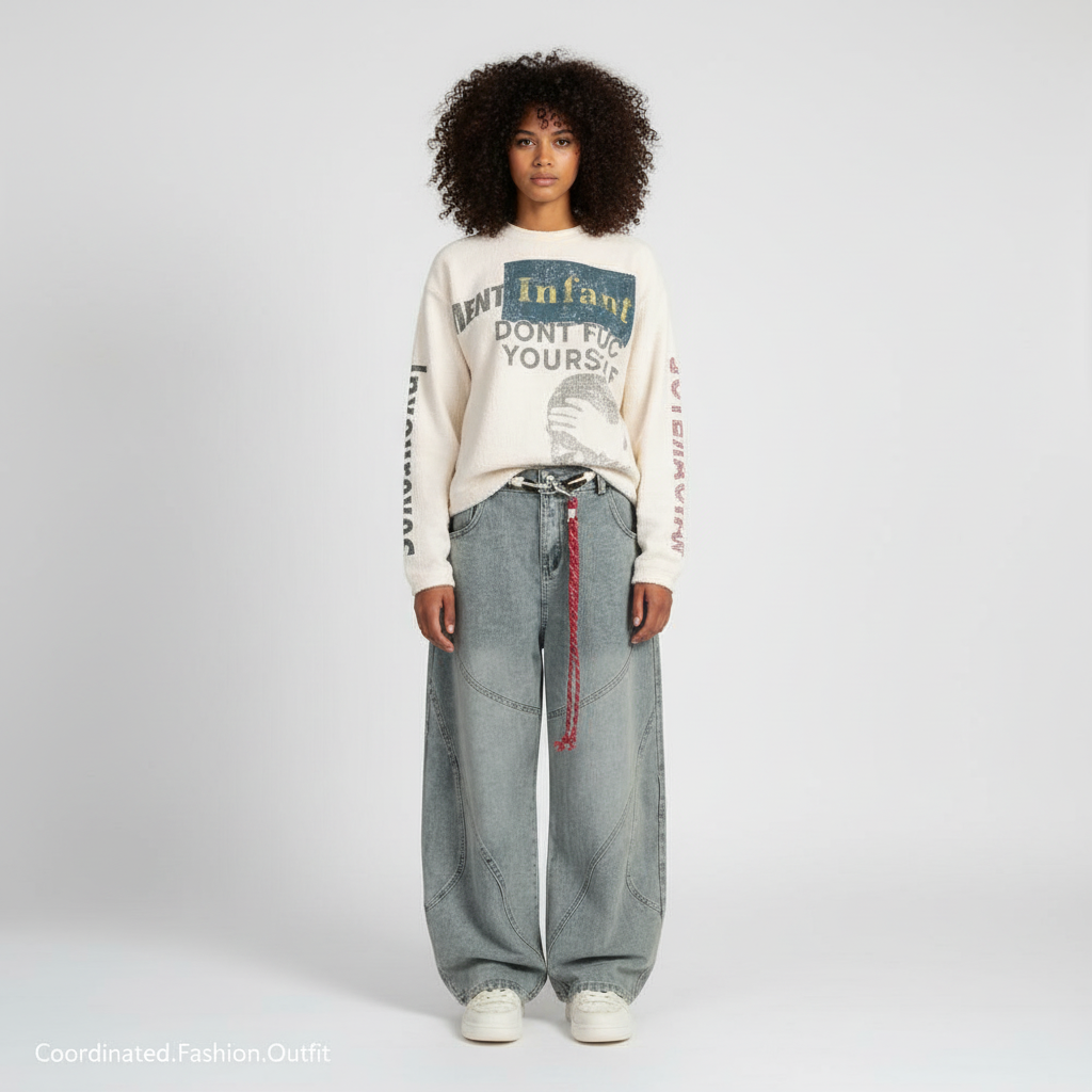 Retro Patchwork Barrel Jeans - Blue