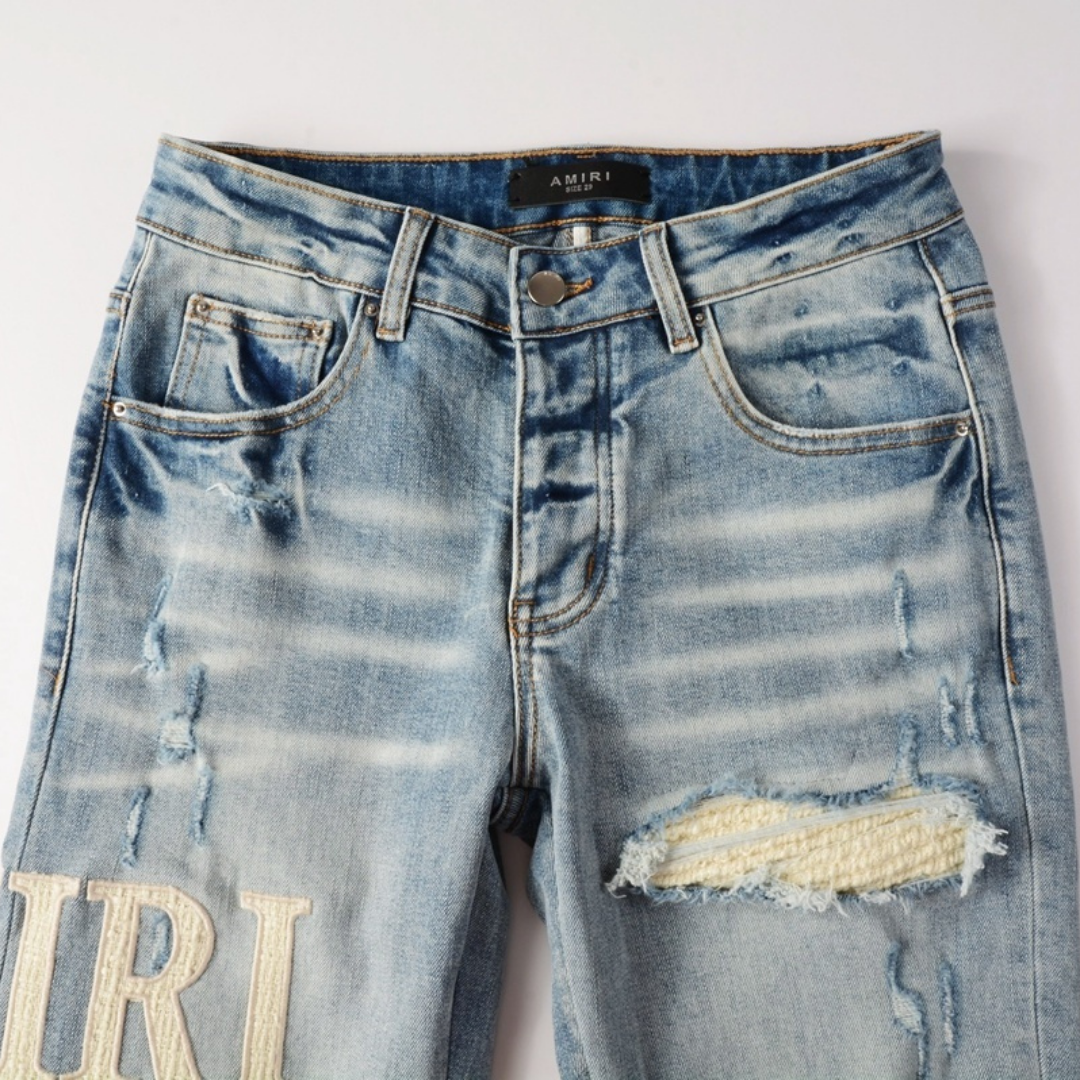 Light Blue White Patch Distressed Jeans