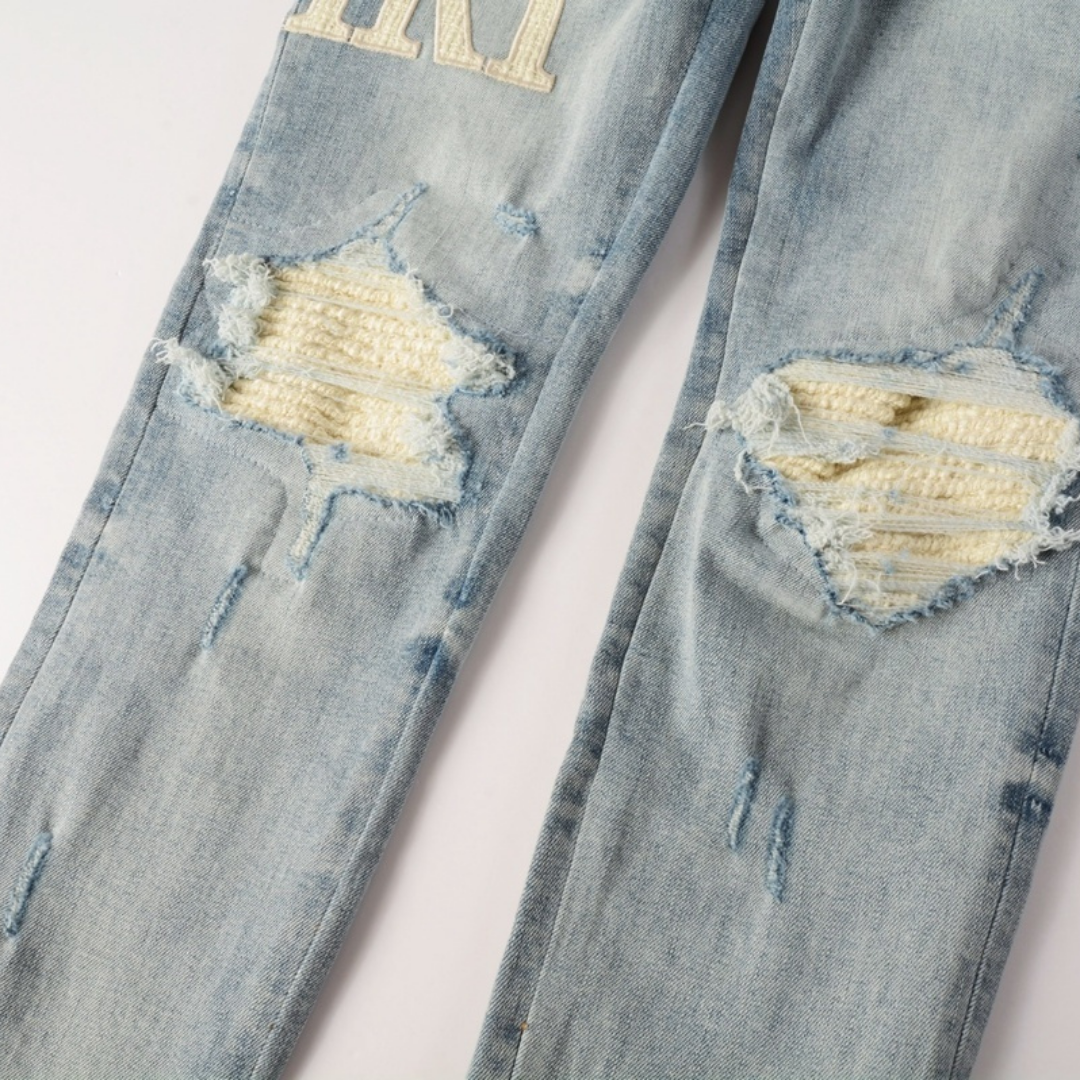 Light Blue White Patch Distressed Jeans