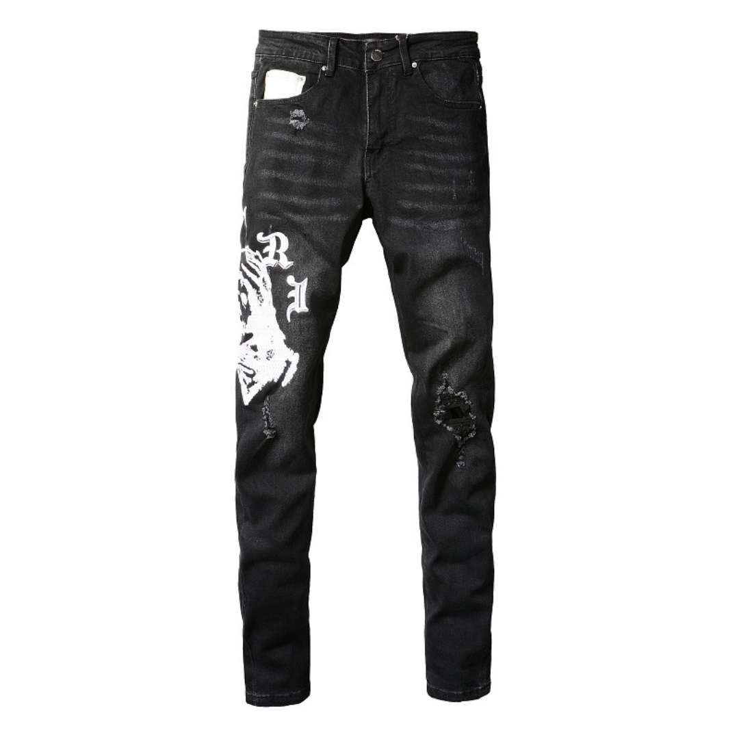 Black Graphic Patch Distressed Jeans