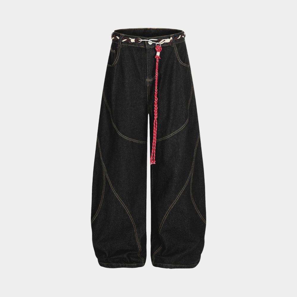 Retro Patchwork Barrel Jeans - Blue