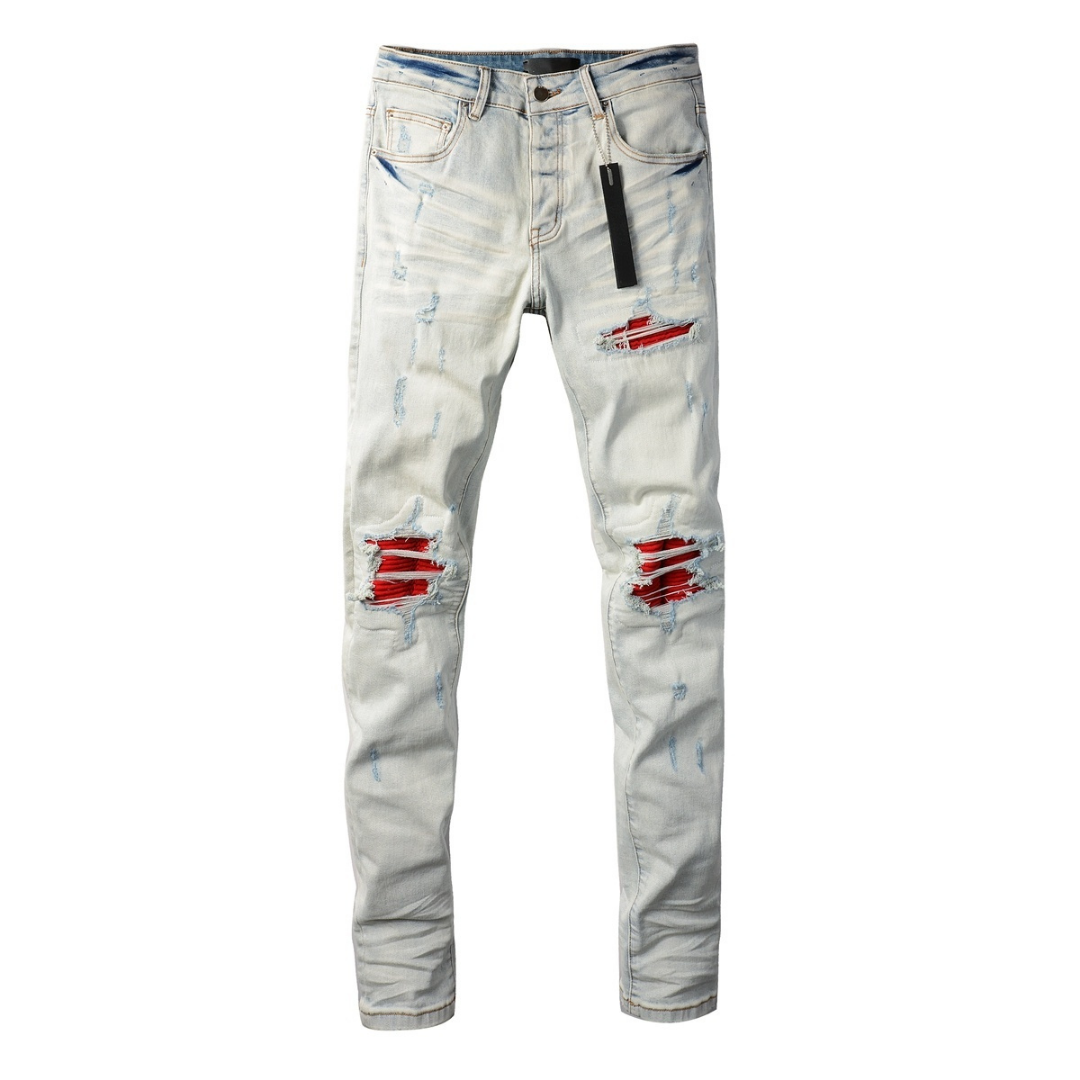 Light Grey Red Patch Distressed Jeans