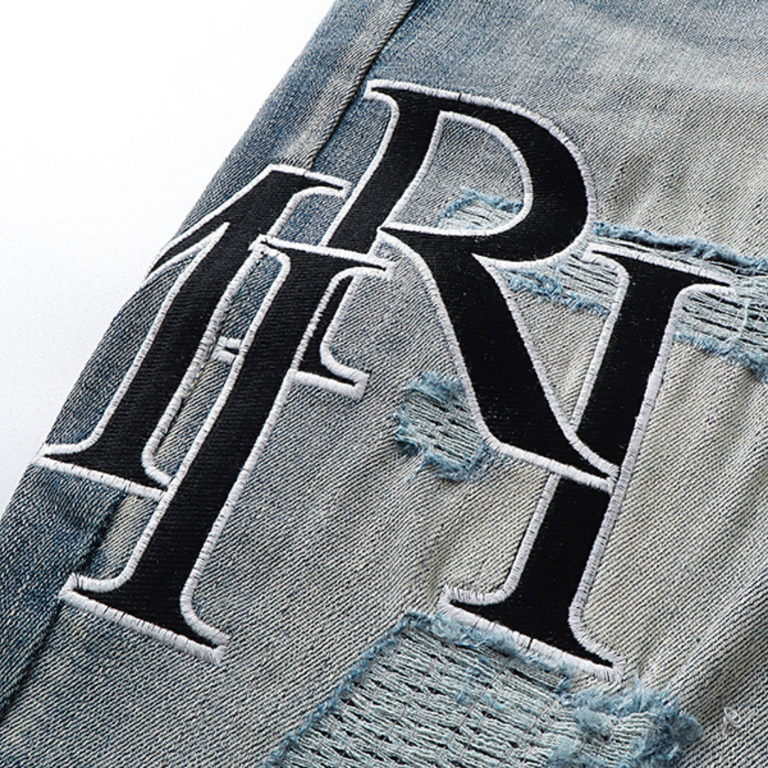 Black Logo Panel Distressed Jeans