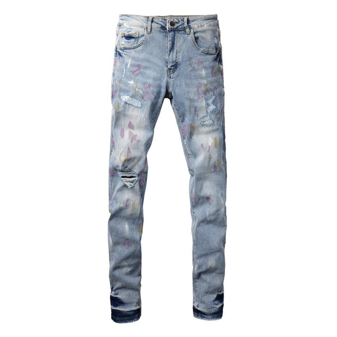 Light Blue Paint Splatter Distressed Jeans