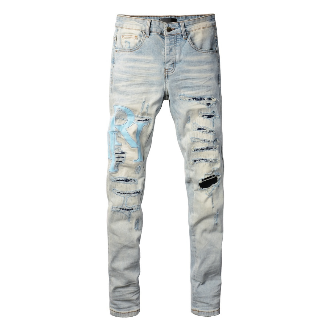 Light Wash Staggered Rip Jeans